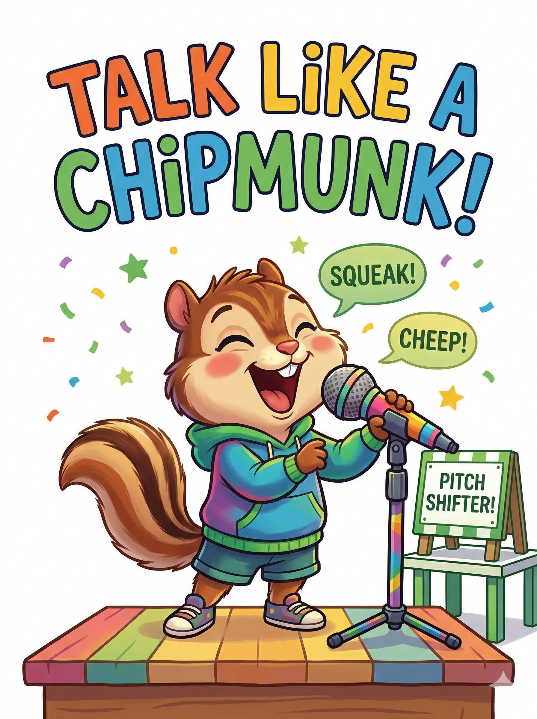 Cartoon chipmunk singing into a rainbow microphone with the words Talk Like A Chipmunk above